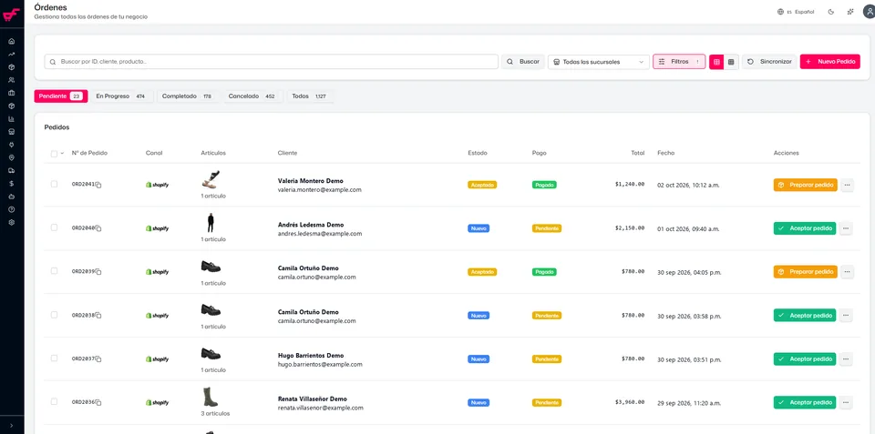 Lista de órdenes de la consola de Fenicia con pedidos de Shopify y sus acciones