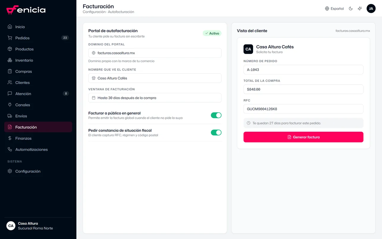 Self-invoicing portal settings next to the view customers see