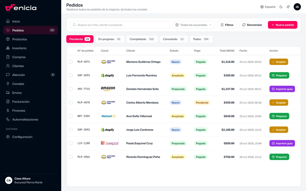 Fenicia order list from which each order is invoiced