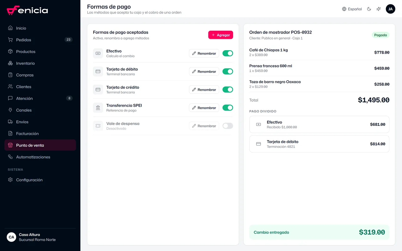 Configurable payment methods and a counter order paid with cash and card