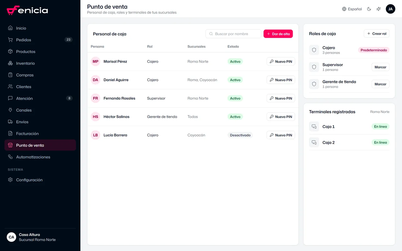 Register staff with their roles and branches, and the list of roles and terminals